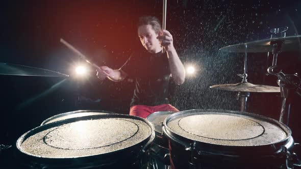 One Man Rehearsals with Drums. Drummer Plays Drums Kit.