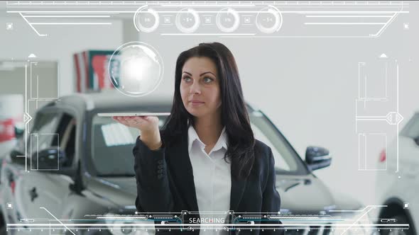 Fashionable Girl in Black Jacket Standing in the Auto Show Holds a Tablet and Shows the Animation of