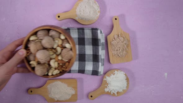 Various Gluten Free Flour Almond Walnuts Cashews Gluten Free Baking Concept