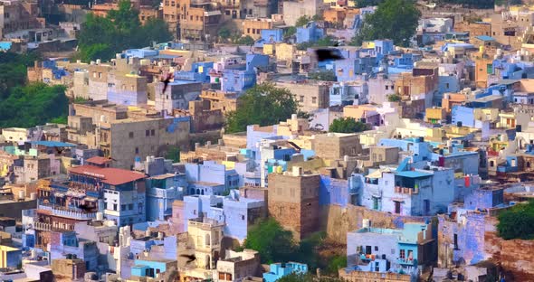 Houses of Famous Jodhpur the Blue City, View From Mehrangarh Fort, Rajasthan, India. Camera Zoom Out