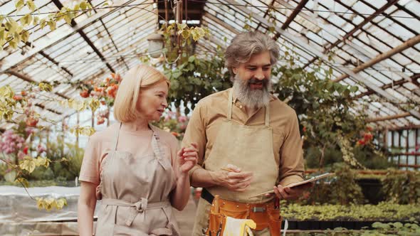 Two Mature Farmers Walking through Greenhouse and Checking Plants