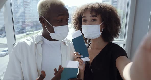 African American Teenagers Foreign Students Stand Together Holding Passports in Hands, Show Plane