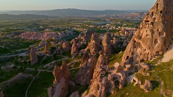 Awesome aerial view of Uchisar 4 K Turkey Cappadocia