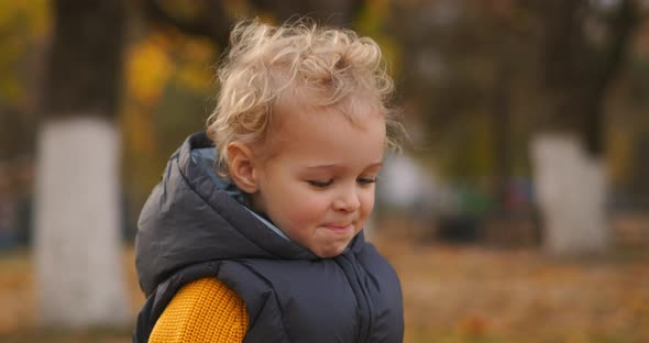 Closeup Portrait of Little Child with Blonde Curly Hair in Autumn Park in City, Funny Face and