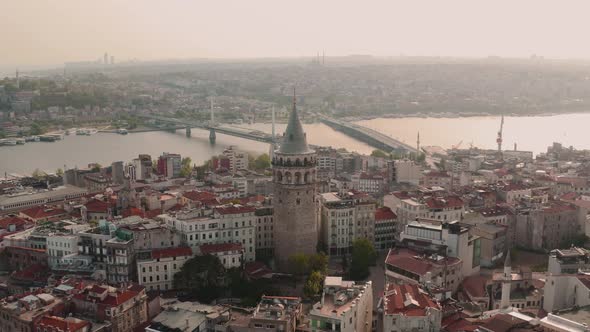 view of the istanbul galata tower and the city from the drone's eye