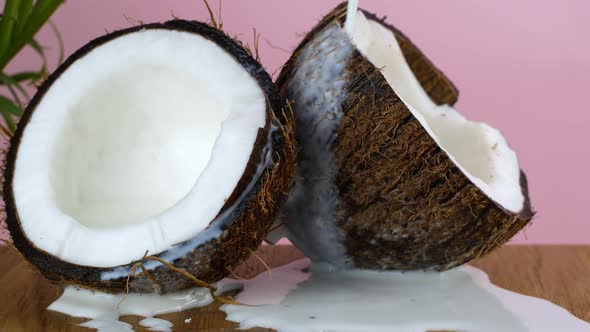 Coconut nut. Juicy ripe split coconut into which coconut milk is poured, on a pink background