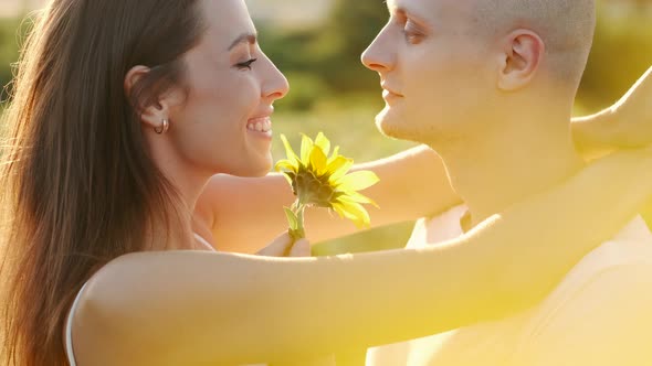 Romantic Man Kissing Girlfriend with Sunflower in the Field on Sunset