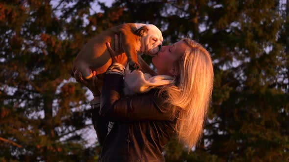bulldog puppy lifted by woman and kissed in sunset golden hour 4k