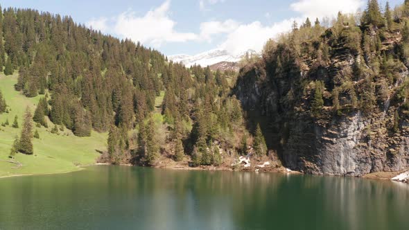 Aerial of lake surrounded by mountains