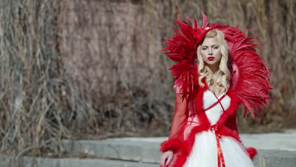 Sexy Lady Dressed in Extravagant Fantasy Dress is Walking Near Old Castle