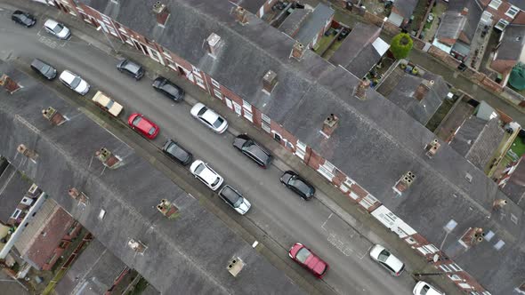Overhead aerial footage of terrace housing in one of Stoke on Trent's poorer areas, poverty and urba