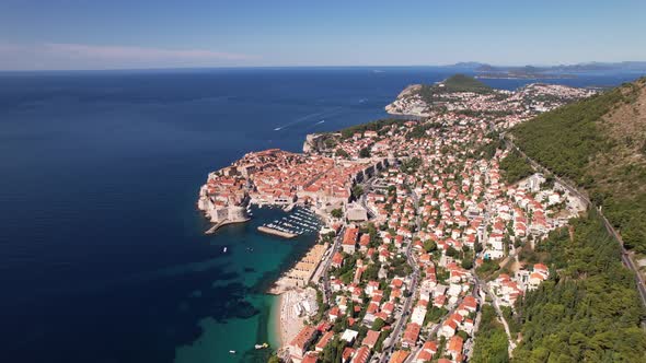 Aerial view of the old town Dubrovnik, blue sea and mountains, Croatia