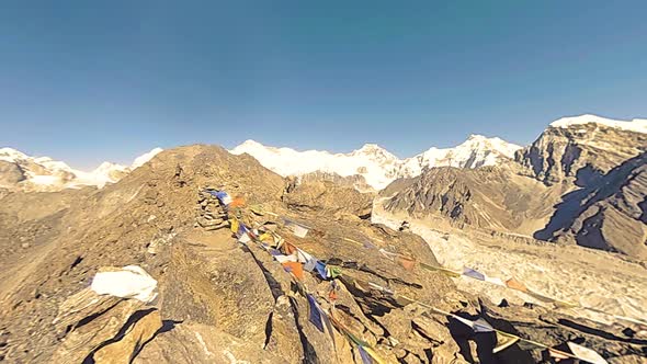 360 VR Gokyo Ri Mountain Top. Tibetan Prayer Buddhist Flag. Wild Himalayas High Altitude Nature and