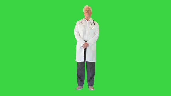 Senior Medical Doctor Standing and Waiting on a Green Screen Chroma Key