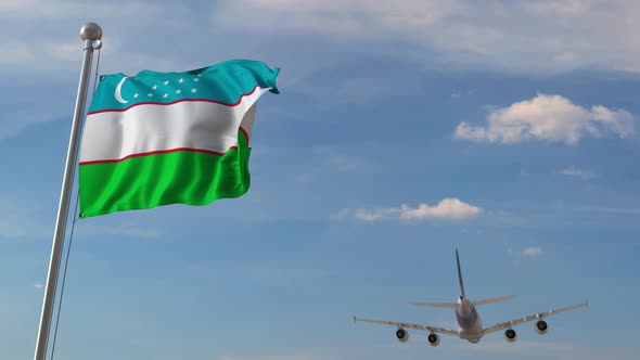 Airliner Passing Above National Flag of Uzbekistan