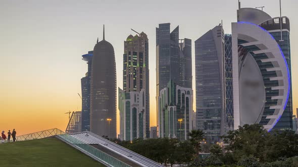 The Highrise District of Doha Day to Night Timelapse After Sunset