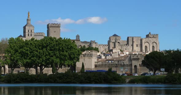 The Popes' Palace, Avignon, Vaucluse department, France. In the foreground is the river Rhone.