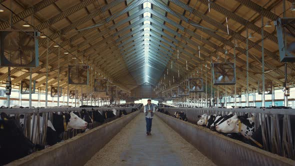 Livestock Worker Walking Barn Hold Clipboard