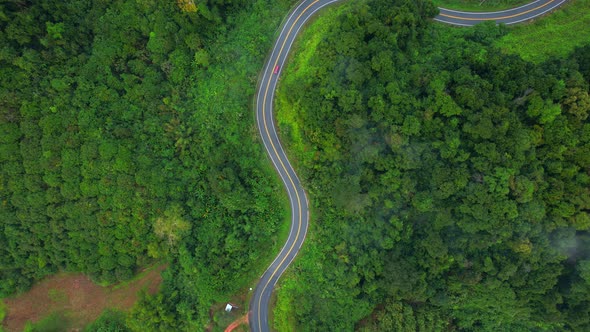 An aerial view of a winding road with moving cars in the tropical forests of Thailand. 4K