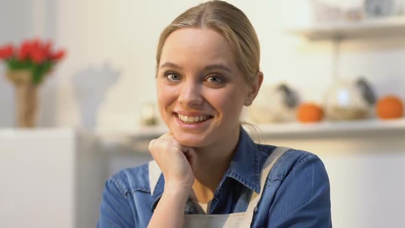 Attractive Housewife Smiling, Looking Into Camera, Confident Cooking Specialist