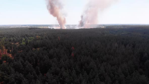 Aerial View of Fire in Wheat Field. Flying Over Smoke Above Agricultural Fields