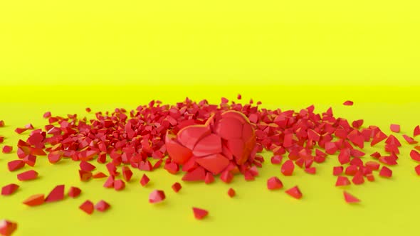 Several Red Hearts are Shattered on the Yellow Surface