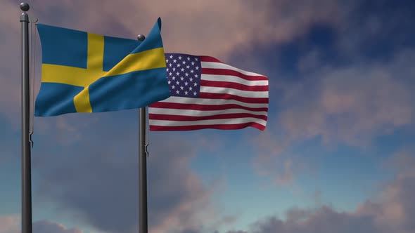 Sweden Flag Waving Along With The National Flag Of The USA - 2K