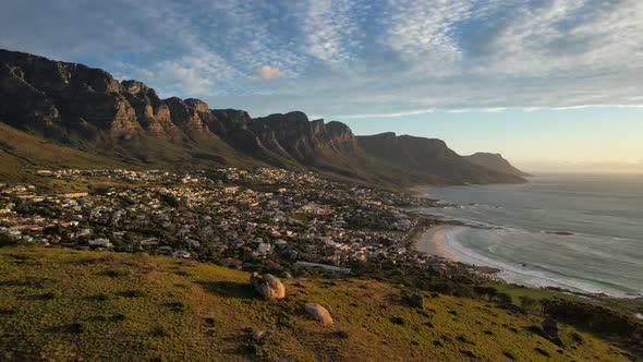 Beautiful sunset at Camps Bay Beach in Cape Town South Africa, aerial