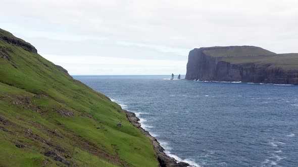 Beautiful Aerial View of Risin and Kellingin the Giant and the Witch View in the Faroe Island