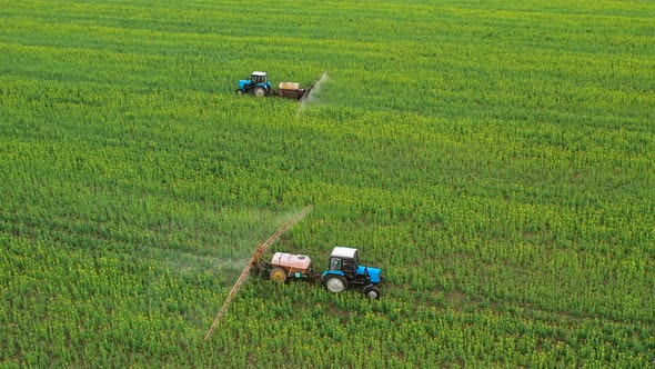 Aerial View of Two Tractors Ride Towards Each Other and Spray Fertilizer on Agricultural Plants on