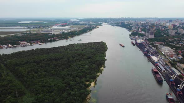 a Large River on the Background of the City is an Aerial View