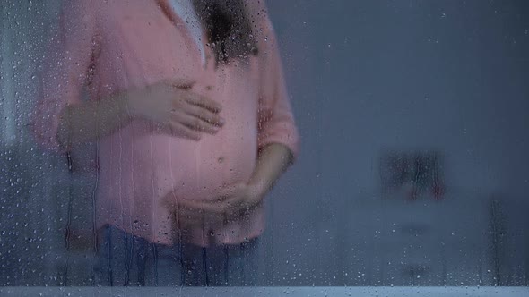 Pregnant Woman Stroking Tummy Behind Rainy Window, Baby Expectation, Motherhood