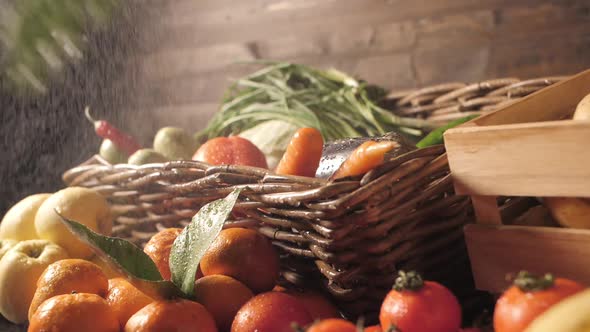 Assortment of Fresh Vegetables and Fruits on Wooden Table