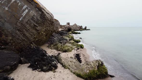 Aerial view of abandoned seaside fortification building at Karosta Northern Forts on the beach of Ba