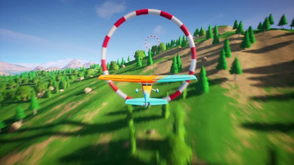 Flight simulator 3d Video Game Imitation, Plane flies through the rings at high speed