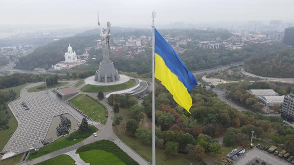 Aerial View of the Flag of Ukraine in Kyiv. Slow Motion. Kiev