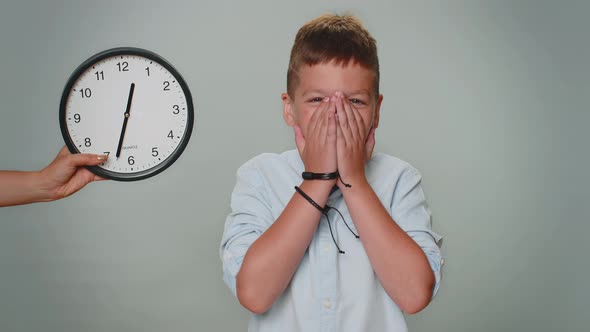 Toddler Kid Boy with Anxiety Checking Time on Clock Running Late to Work Being in Delay Deadline