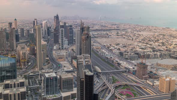 Dubai Downtown Skyline Futuristic Cityscape with Many Skyscrapers and Burj Khalifa Aerial Timelapse