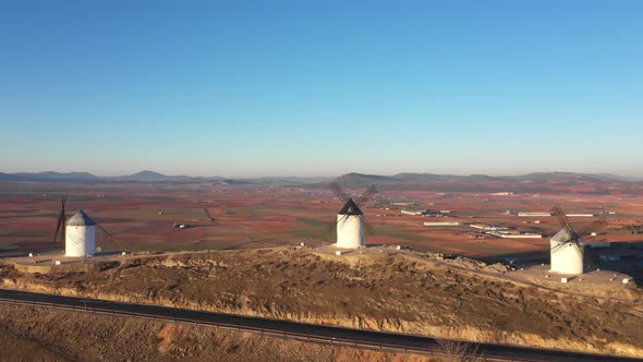 Drone view of a Windmills in Spain, La Mancha, Toledo