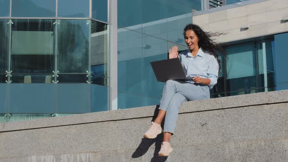 Young Business Woman Girl Student Sitting on Street City Building Company Background with Laptop