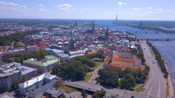 Beautiful Aerial View Over Riga City with Old Town
