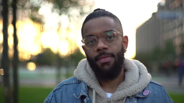 Slowmo Handsome Charismatic Black Bearded Hipster University Student Wearing Glasses Standing City