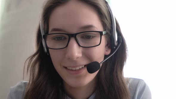 Closeup Girl Call Center Operator Sells Services