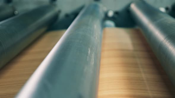 Close Up of Spinning Conveyor Rolls Relocating a Metal Facing Plate