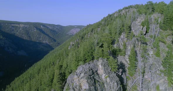 Aerial of cliff in canyon. camera dollies forward and pans down to show steep cliff with trees.