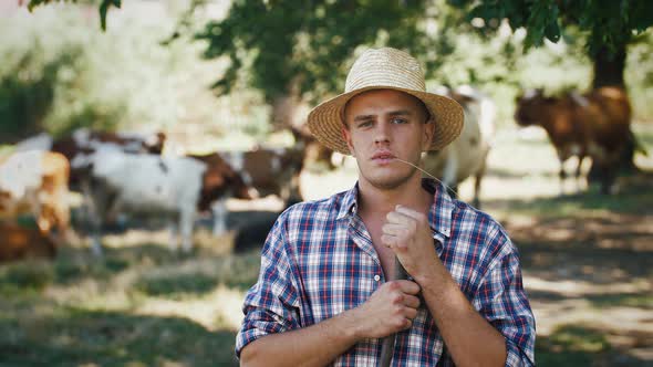 Portrait of Young Villager Man Shepherd in Straw Hat with His Flock of Cows on a Rural Background