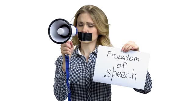 Woman Holding Card with Inscription Freedom of Speech