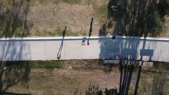 aerial view of a paved road with people running and walking with the dog