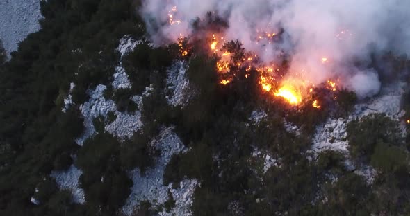 Aerial Panoramic View of a Forest Fire at Night Heavy Smoke Causes Air Pollution and Fire in Full