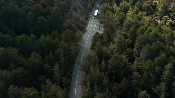 White Bus At Forest Mountain Road Aerial